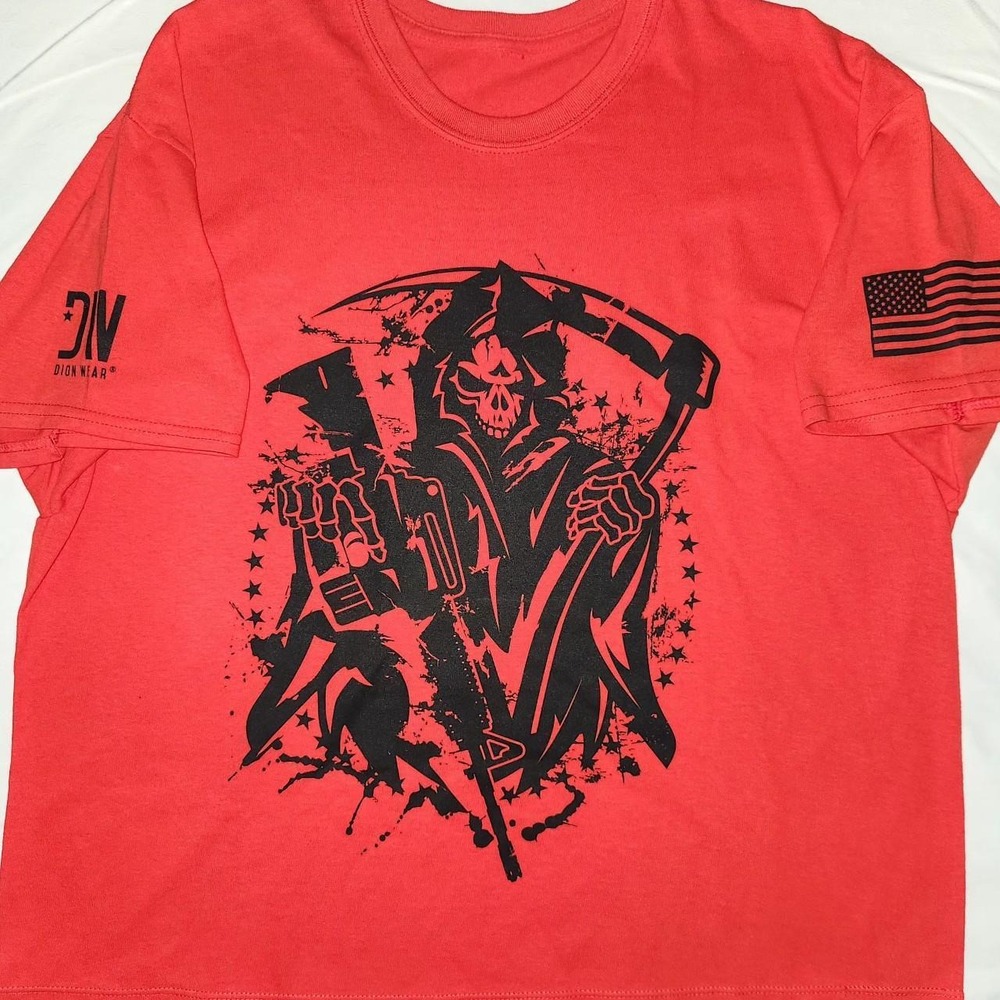 Dion Wear Mens Red Grim Reaper Military Graphic T-Shirt Skull US Flag Large